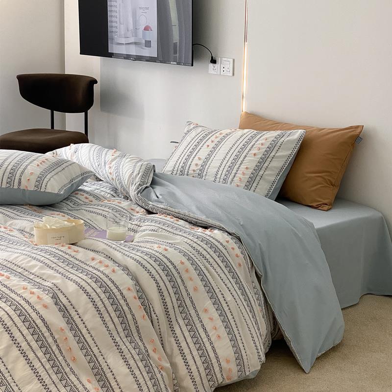 Bedding Set Breathable Cotton Percale Striped & Embroidered Wrinkle-Resistant