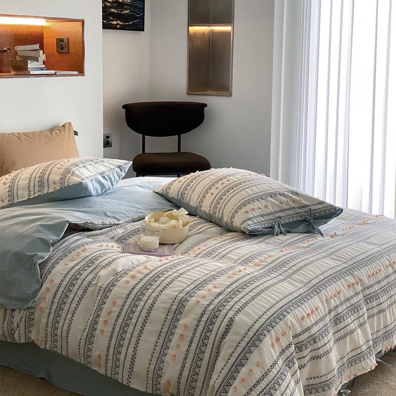 Bedding Set Breathable Cotton Percale Striped & Embroidered Wrinkle-Resistant