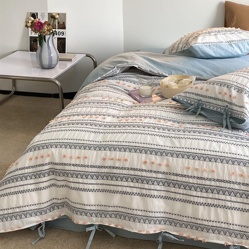 Bedding Set Breathable Cotton Percale Striped & Embroidered Wrinkle-Resistant