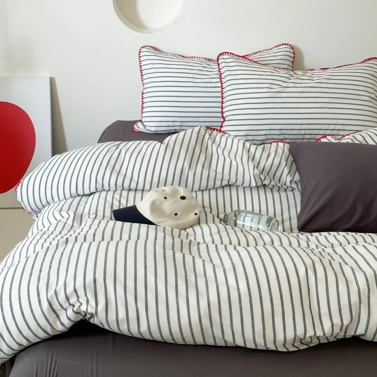 Bedding Set Breathable Cotton Percale Striped Piping