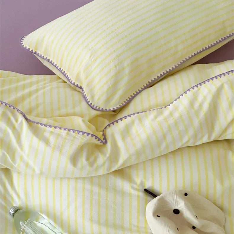 Bedding Set Breathable Cotton Percale Striped Piping