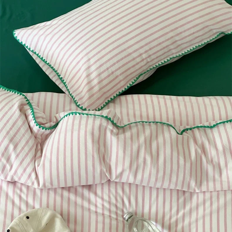 Bedding Set Breathable Cotton Percale Striped Piping