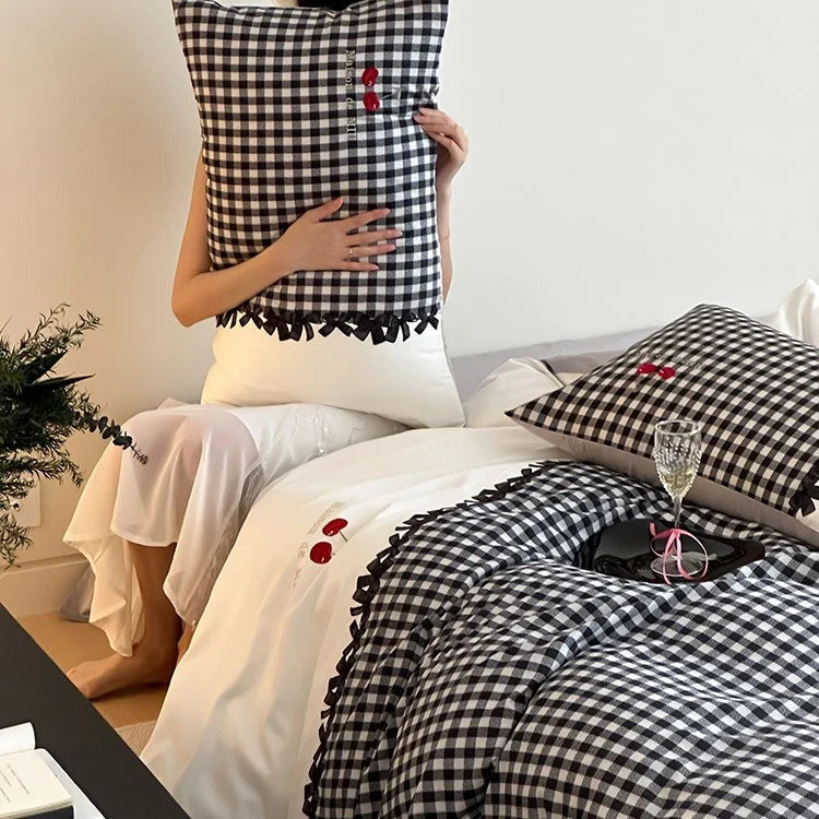 Bedding Set Breathable Cotton Satin Vichy Check 4-Piece
