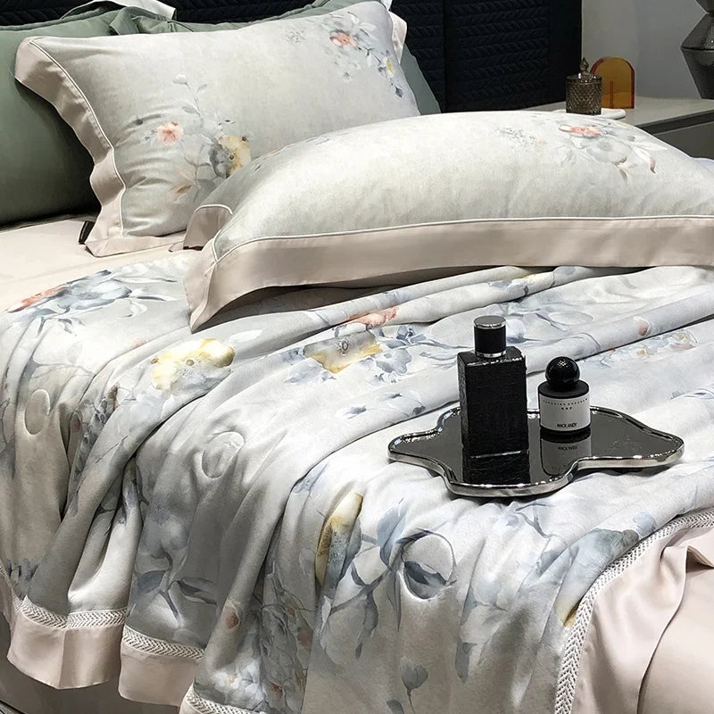 Bedding Set Breathable Cotton Satin Watercolor Floral Ruffle Trim