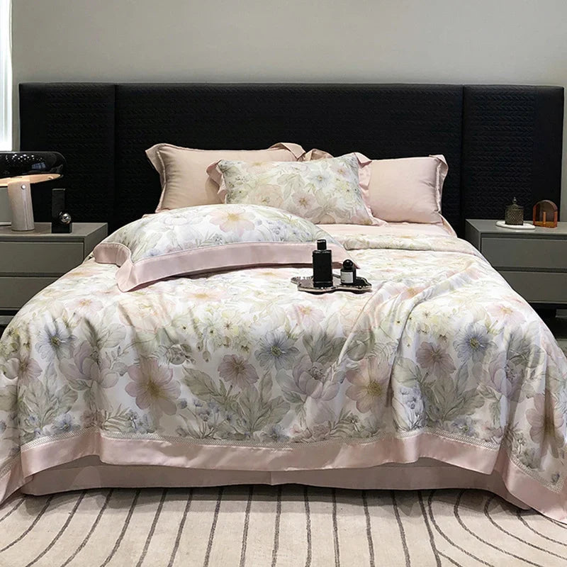 Bedding Set Breathable Cotton Satin Watercolor Floral Ruffle Trim