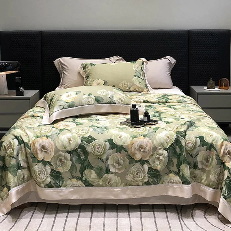 Bedding Set Breathable Cotton Satin Watercolor Floral Ruffle Trim