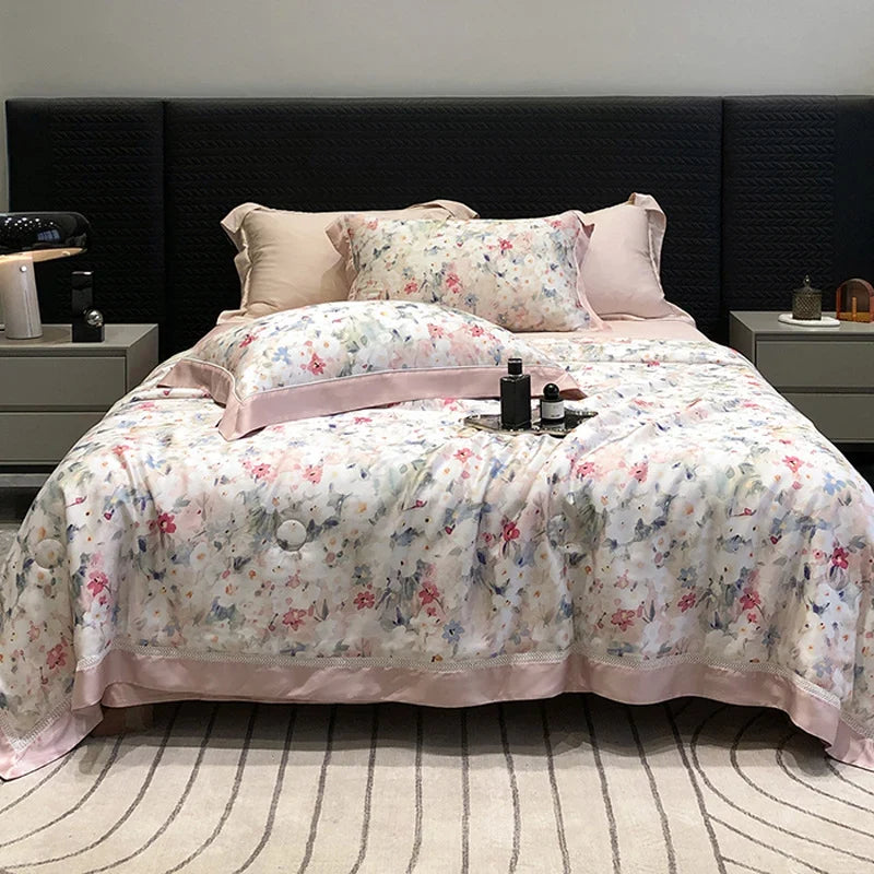 Bedding Set Breathable Cotton Satin Watercolor Floral Ruffle Trim