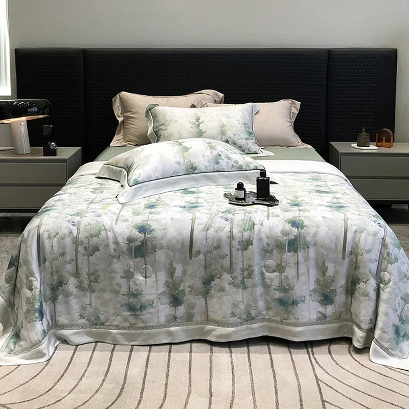 Bedding Set Breathable Cotton Satin Watercolor Floral Ruffle Trim
