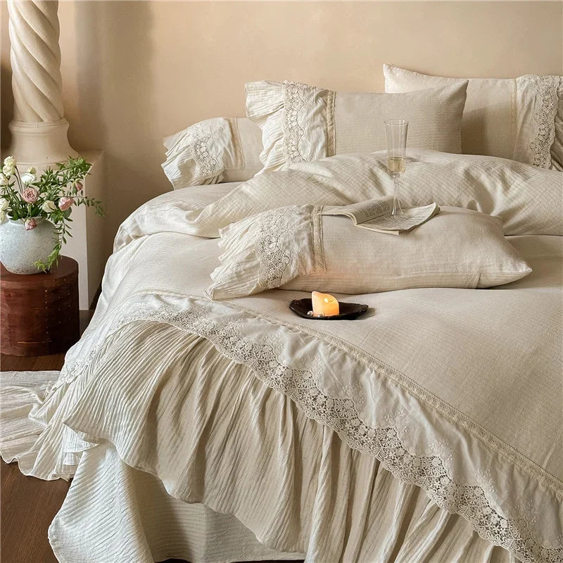 Bedding Set Breathable Washed Linen Ruffle & Lace