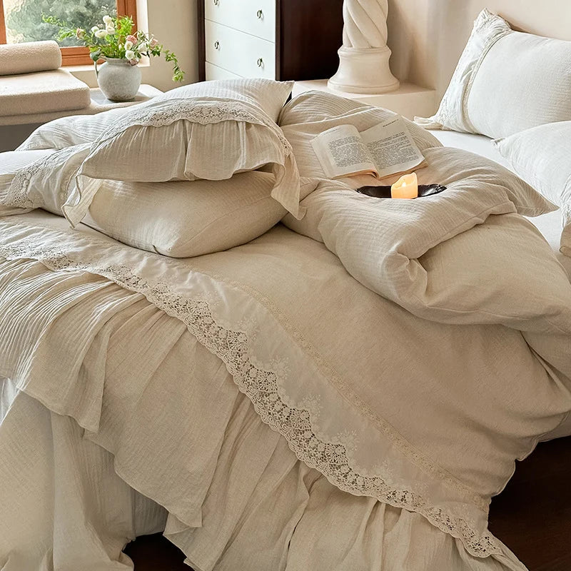 Bedding Set Breathable Washed Linen Ruffle & Lace