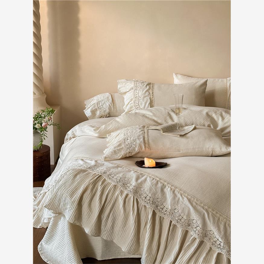 Bedding Set Breathable Washed Linen Ruffle & Lace