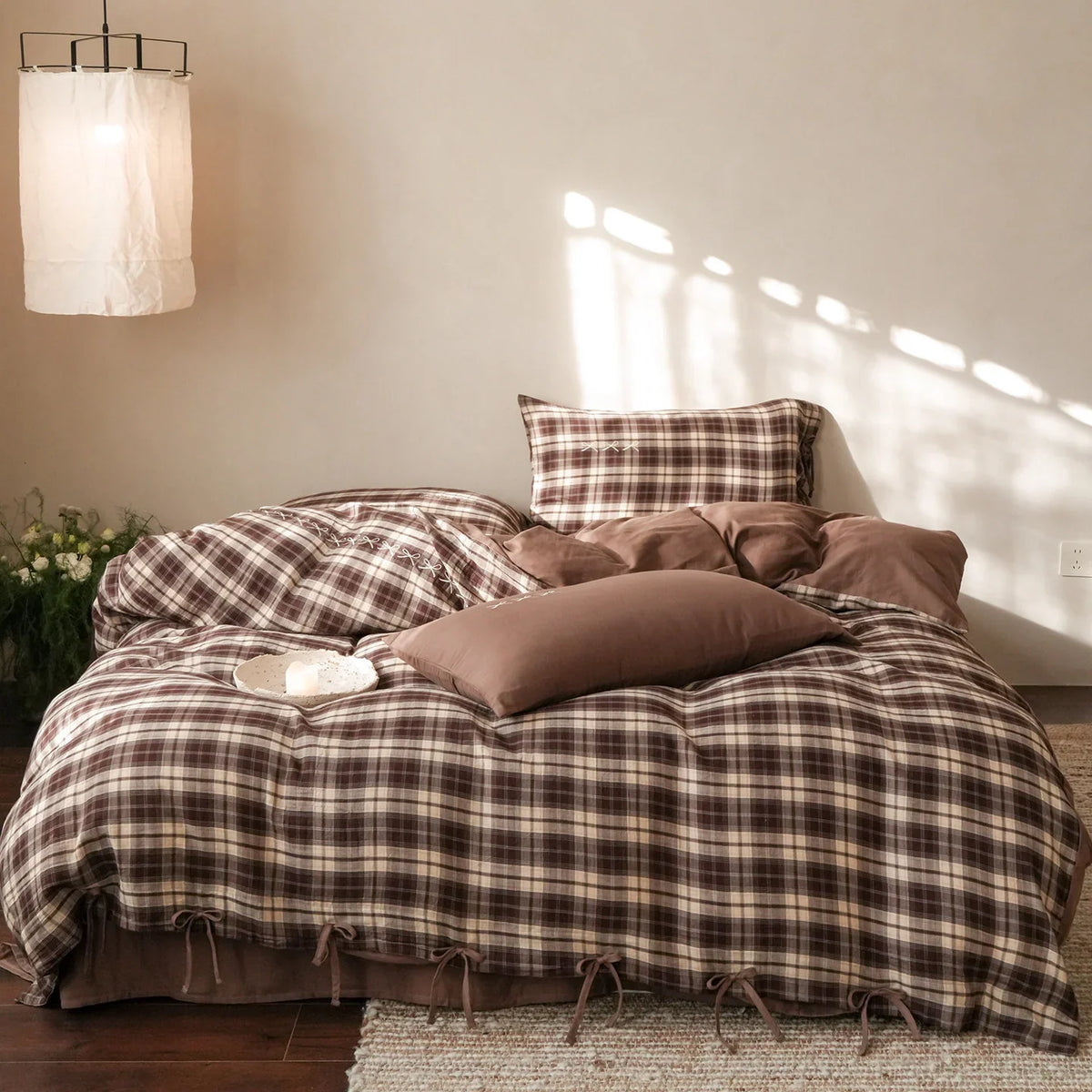 Bedding Set Checked Cotton Blend Ruffles & Embroidery 4-Piece