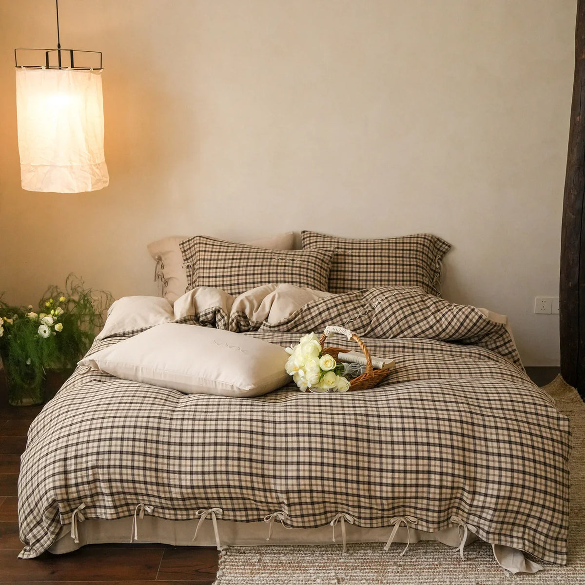Bedding Set Checked Cotton Blend Ruffles & Embroidery 4-Piece