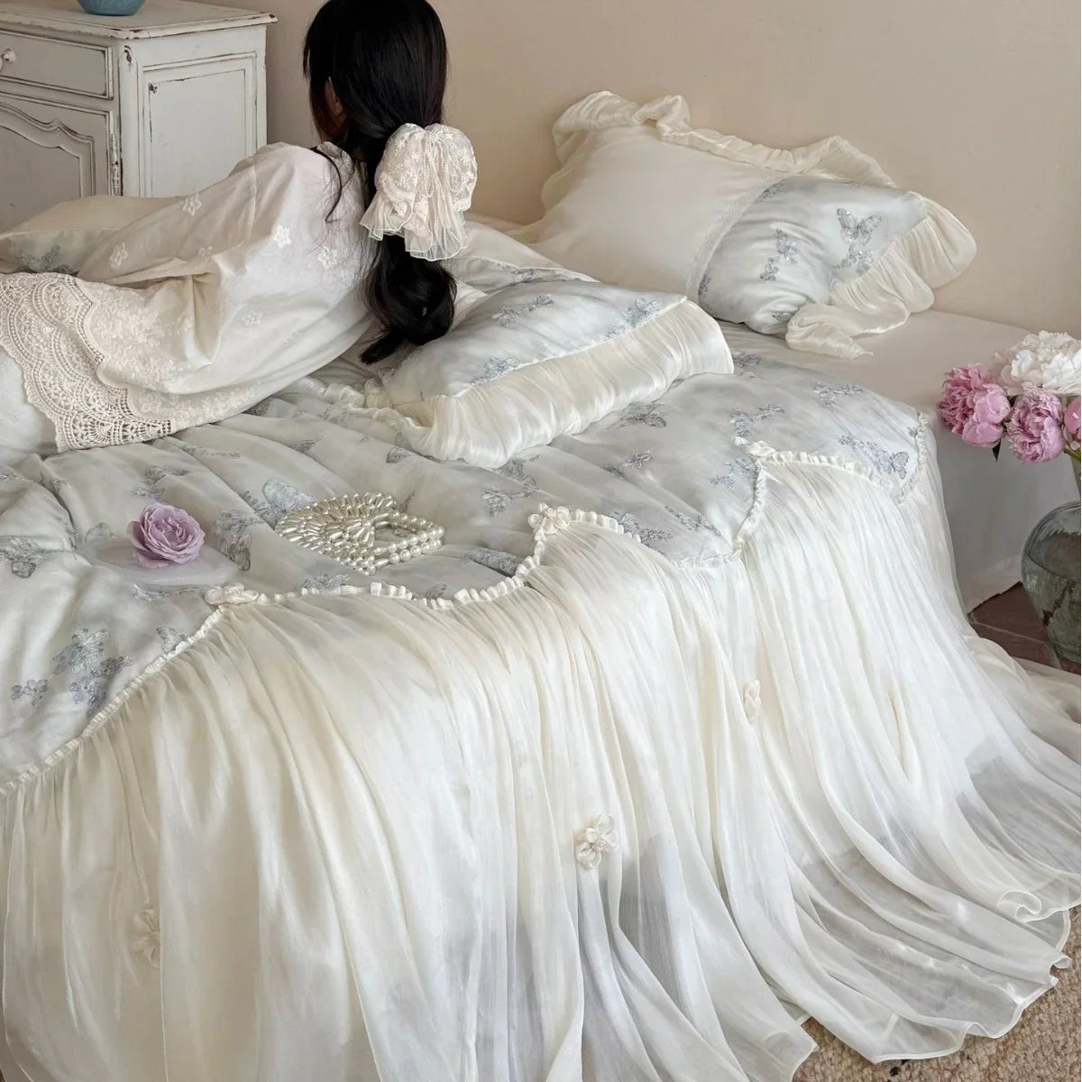 Bedding Set Cotton Blend Chiffon Ruffle & Embroidered Butterfly