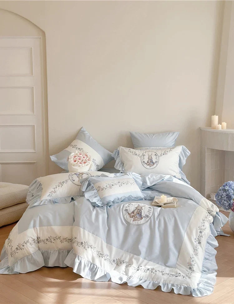 Bedding Set Cotton Blend Floral Embroidery Ruffle Edge