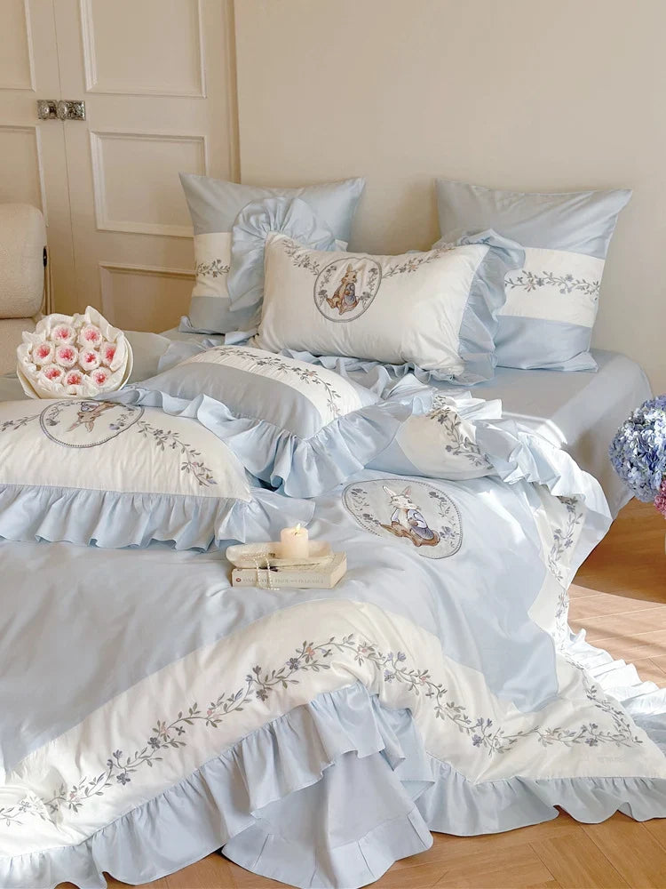 Bedding Set Cotton Blend Floral Embroidery Ruffle Edge