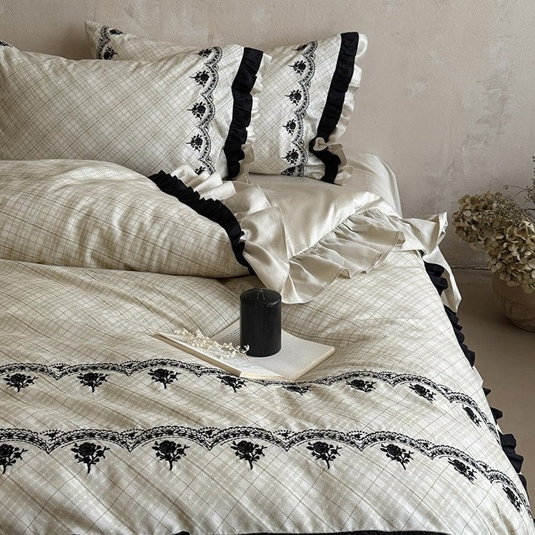 Bedding Set Cotton Blend Floral Embroidery & Ruffled Edges