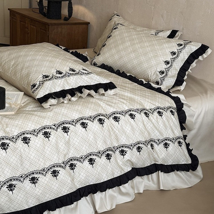 Bedding Set Cotton Blend Floral Embroidery & Ruffled Edges