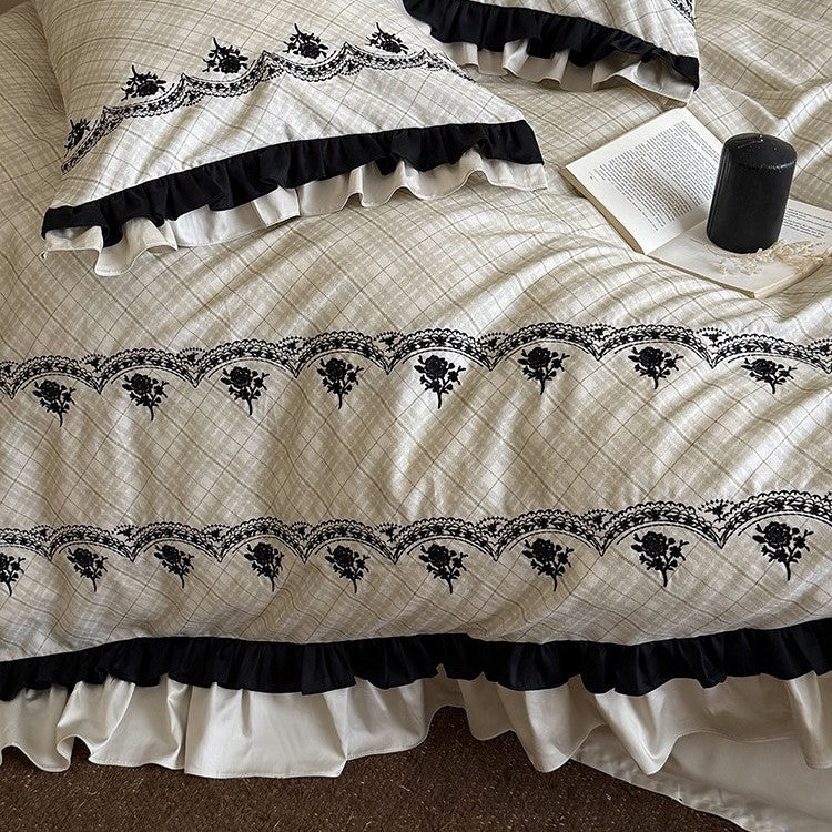 Bedding Set Cotton Blend Floral Embroidery & Ruffled Edges