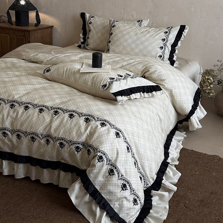 Bedding Set Cotton Blend Floral Embroidery & Ruffled Edges