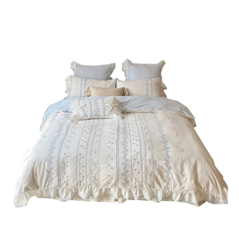 Bedding Set Cotton Embroidered Ruffle Integrated Bed Skirt 4-Piece