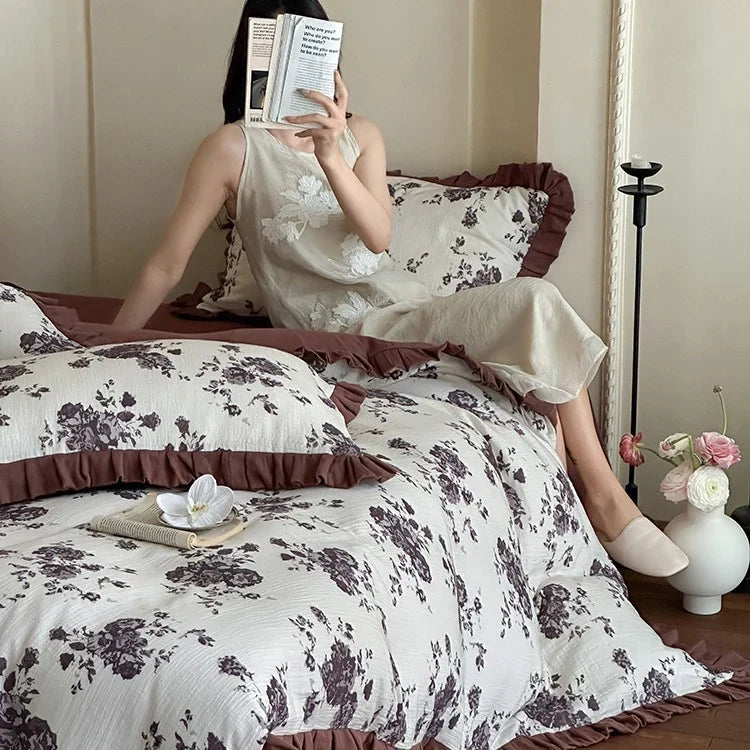 Bedding Set Cotton Gauze Floral Ruffle 4-Piece