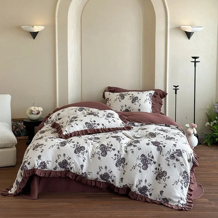 Bedding Set Cotton Gauze Floral Ruffle 4-Piece