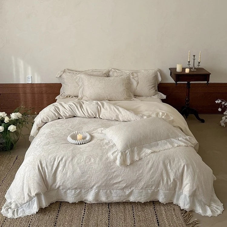 Bedding Set Cotton Jacquard Floral Lace 4 Piece