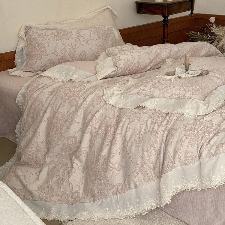 Bedding Set Cotton Jacquard Floral Lace 4 Piece