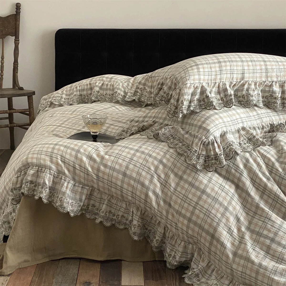 Bedding Set Cotton-Linen Check Lace Ruffles