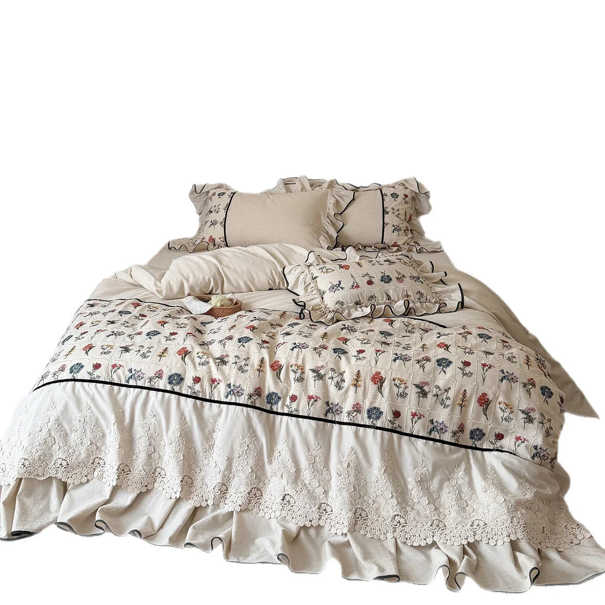 Bedding Set Cotton-Linen Embroidered Floral Ruffle Trim 4-Piece