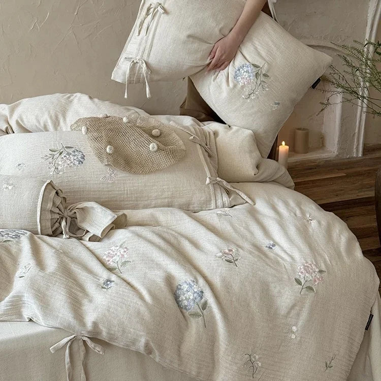 Bedding Set Cotton-Linen Floral Embroidery 4-Piece