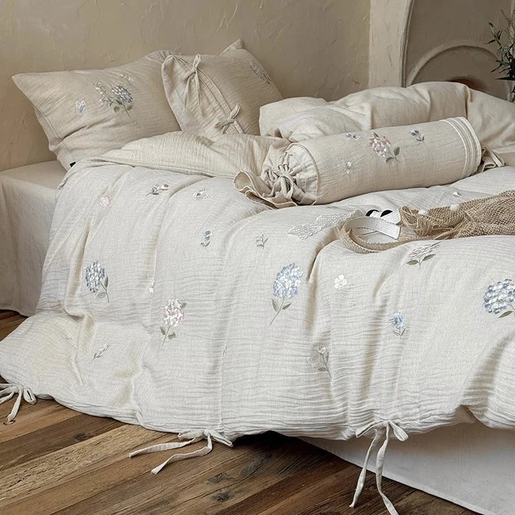 Bedding Set Cotton-Linen Floral Embroidery 4-Piece