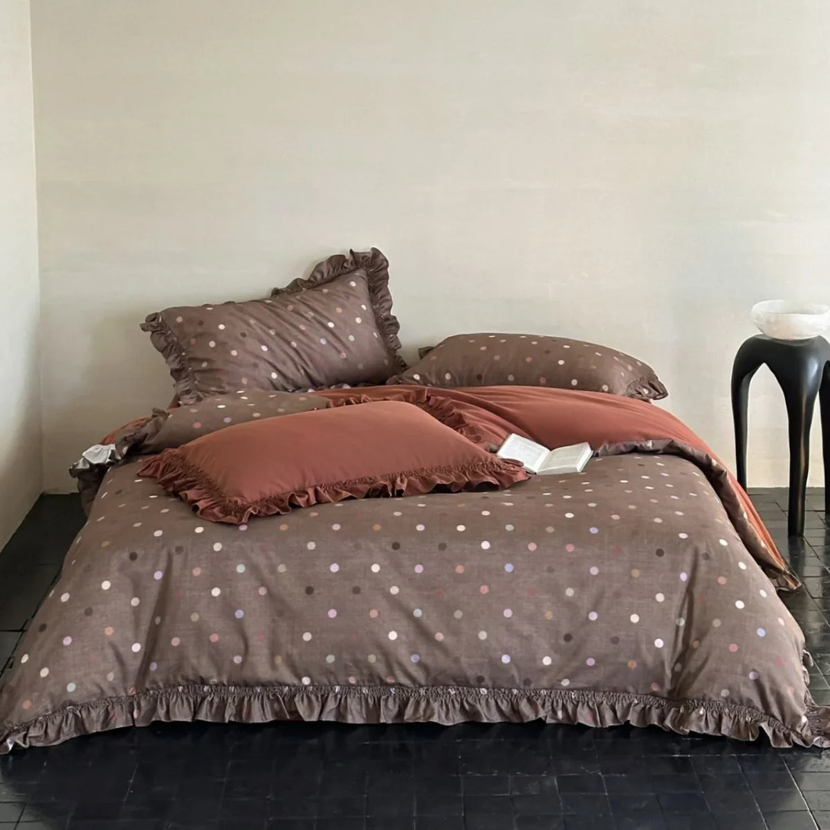 Bedding Set Cotton-Linen Reversible Polka Dot Ruffled Edges
