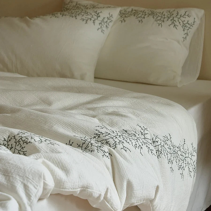 Bedding Set Cotton Muslin Branch Embroidery 4 Piece