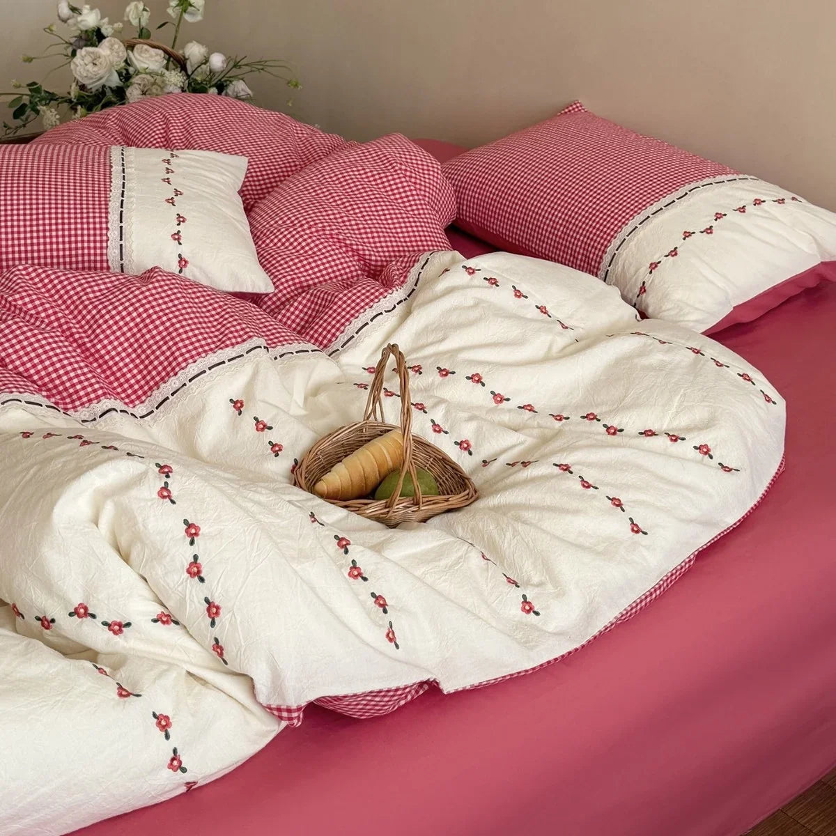 Bedding Set Cotton Muslin Breathable Embroidered Border
