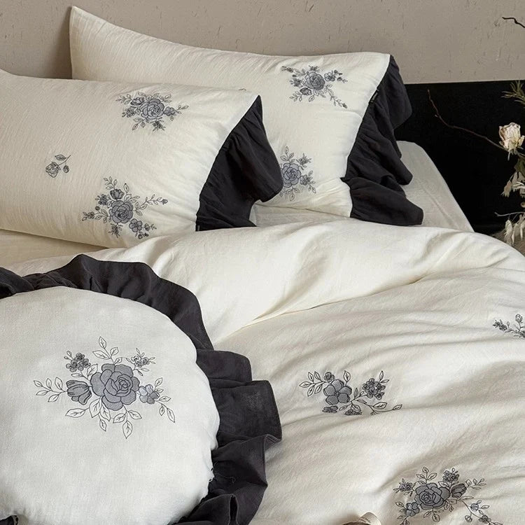 Bedding Set Cotton Muslin Embroidered Rose Breathable & Hypoallergenic