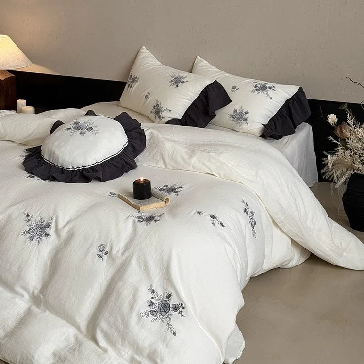 Bedding Set Cotton Muslin Embroidered Rose Breathable & Hypoallergenic