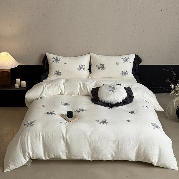 Bedding Set Cotton Muslin Embroidered Rose Breathable & Hypoallergenic