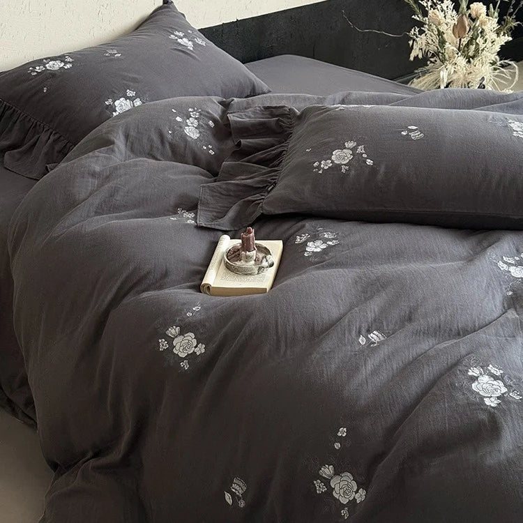 Bedding Set Cotton Muslin Embroidered Rose Breathable & Hypoallergenic