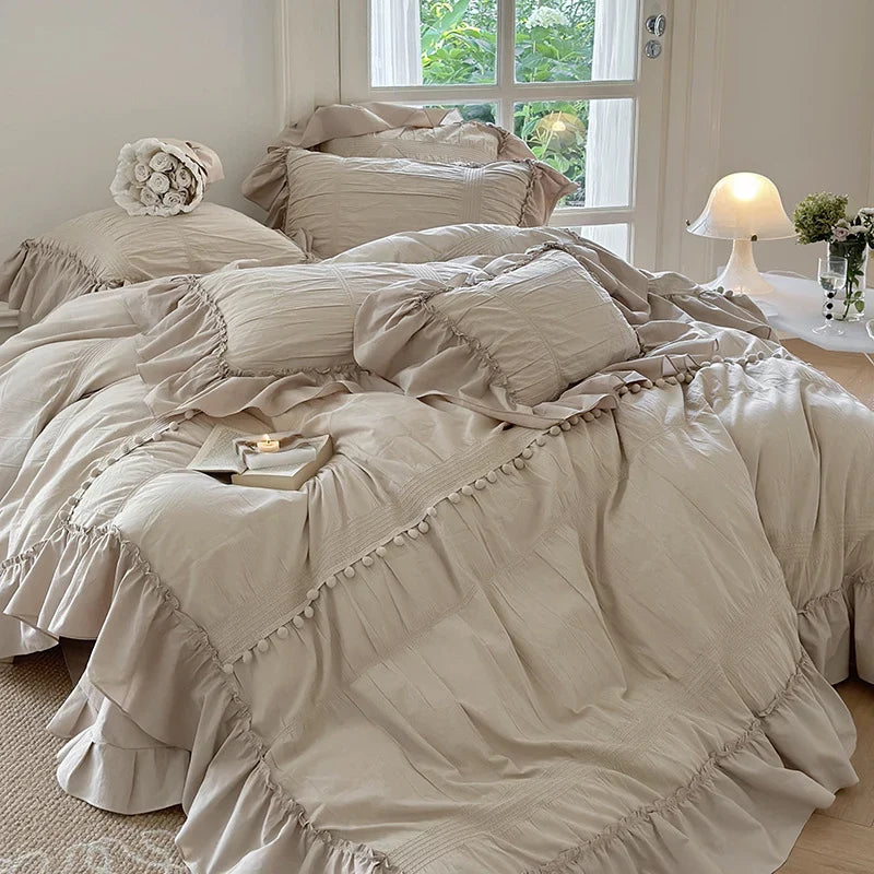 Bedding Set Cotton Percale Ruffled Flounce & Pompom Trim 4-Piece