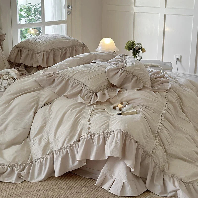 Bedding Set Cotton Percale Ruffled Flounce & Pompom Trim 4-Piece