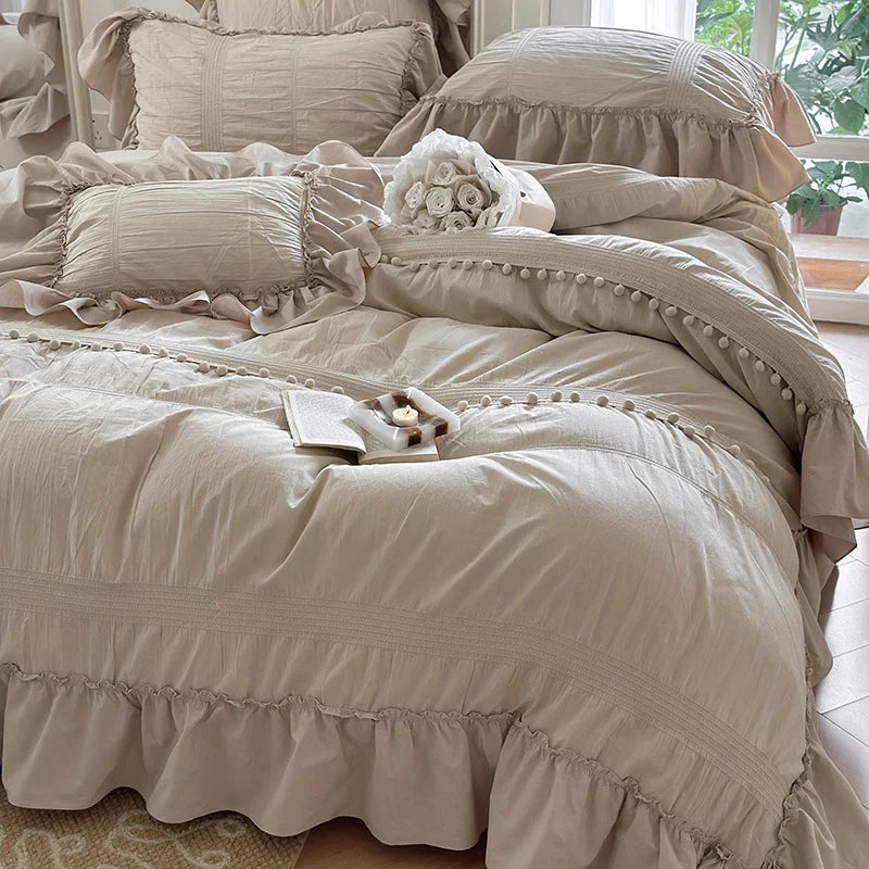 Bedding Set Cotton Percale Ruffled Flounce & Pompom Trim 4-Piece