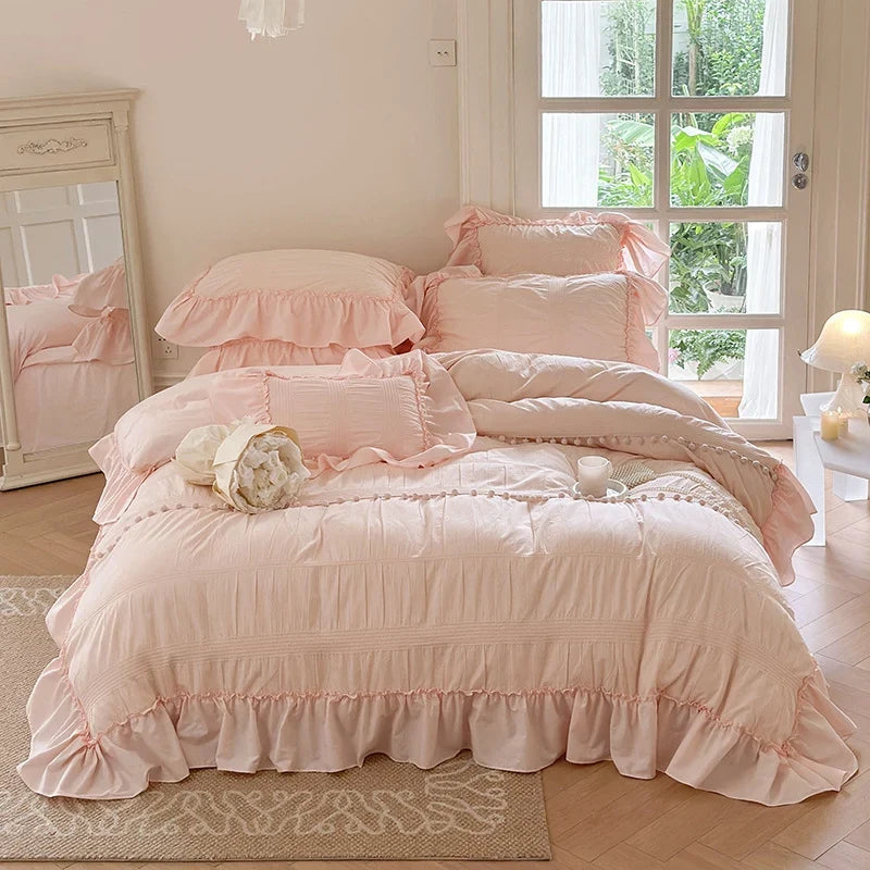 Bedding Set Cotton Percale Ruffled Flounce & Pompom Trim 4-Piece