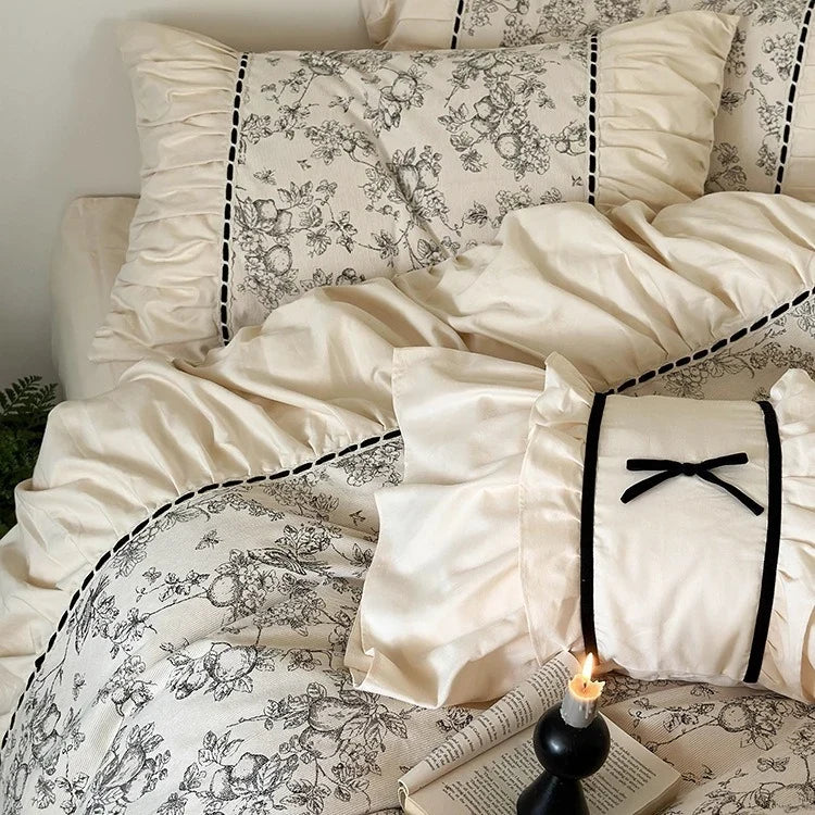 Bedding Set Cotton Percale Toile Print Ruffle Trim 4-Piece