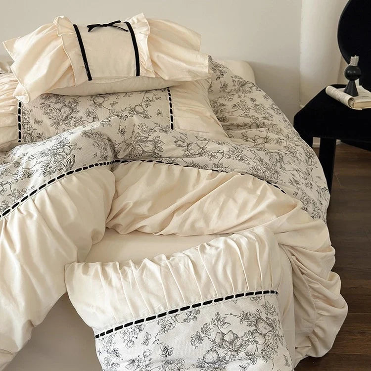 Bedding Set Cotton Percale Toile Print Ruffle Trim 4-Piece