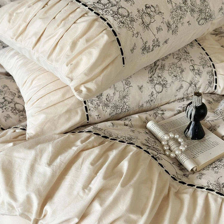 Bedding Set Cotton Percale Toile Print Ruffle Trim 4-Piece