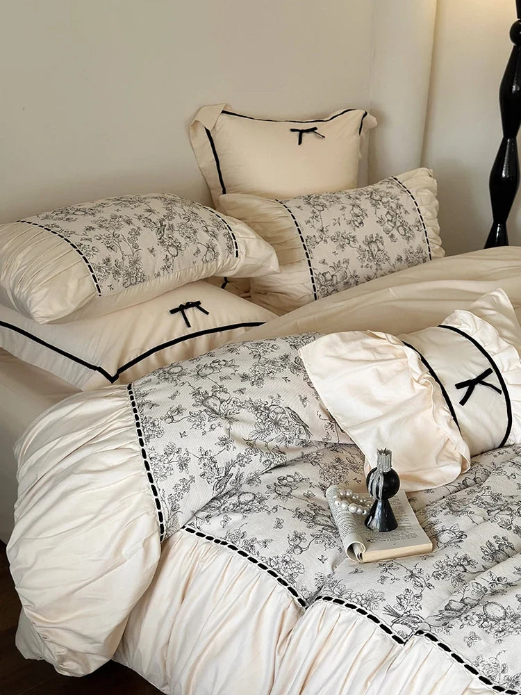 Bedding Set Cotton Percale Toile Print Ruffle Trim 4-Piece