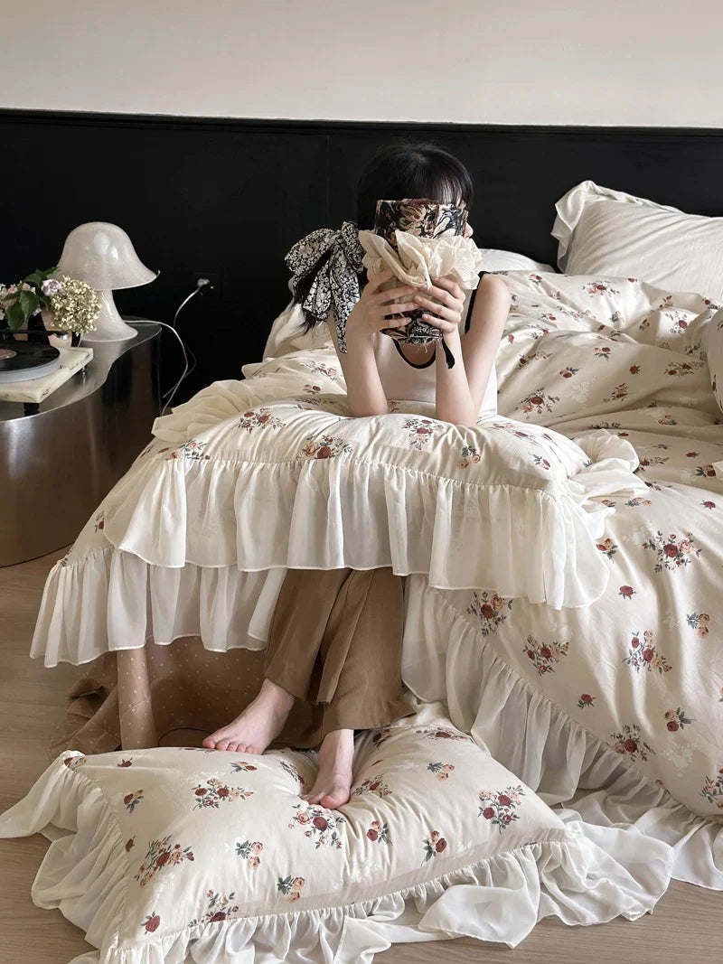 Bedding Set Cotton Percale Vintage Rose Ruffled Hem