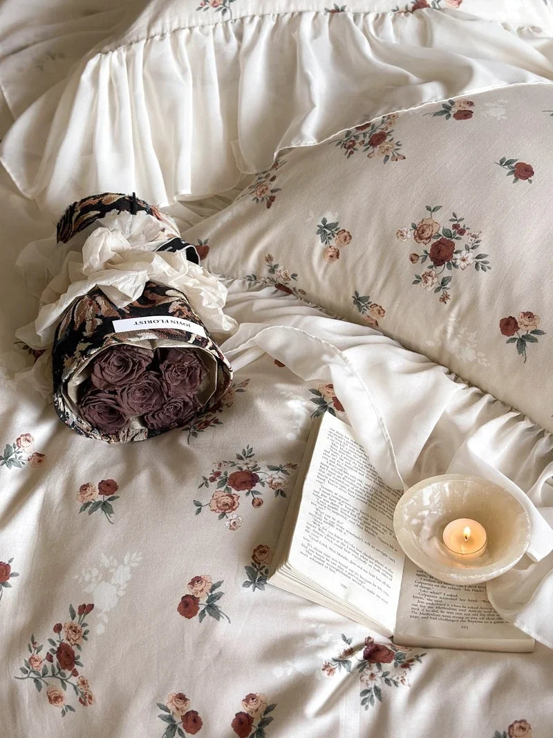 Bedding Set Cotton Percale Vintage Rose Ruffled Hem